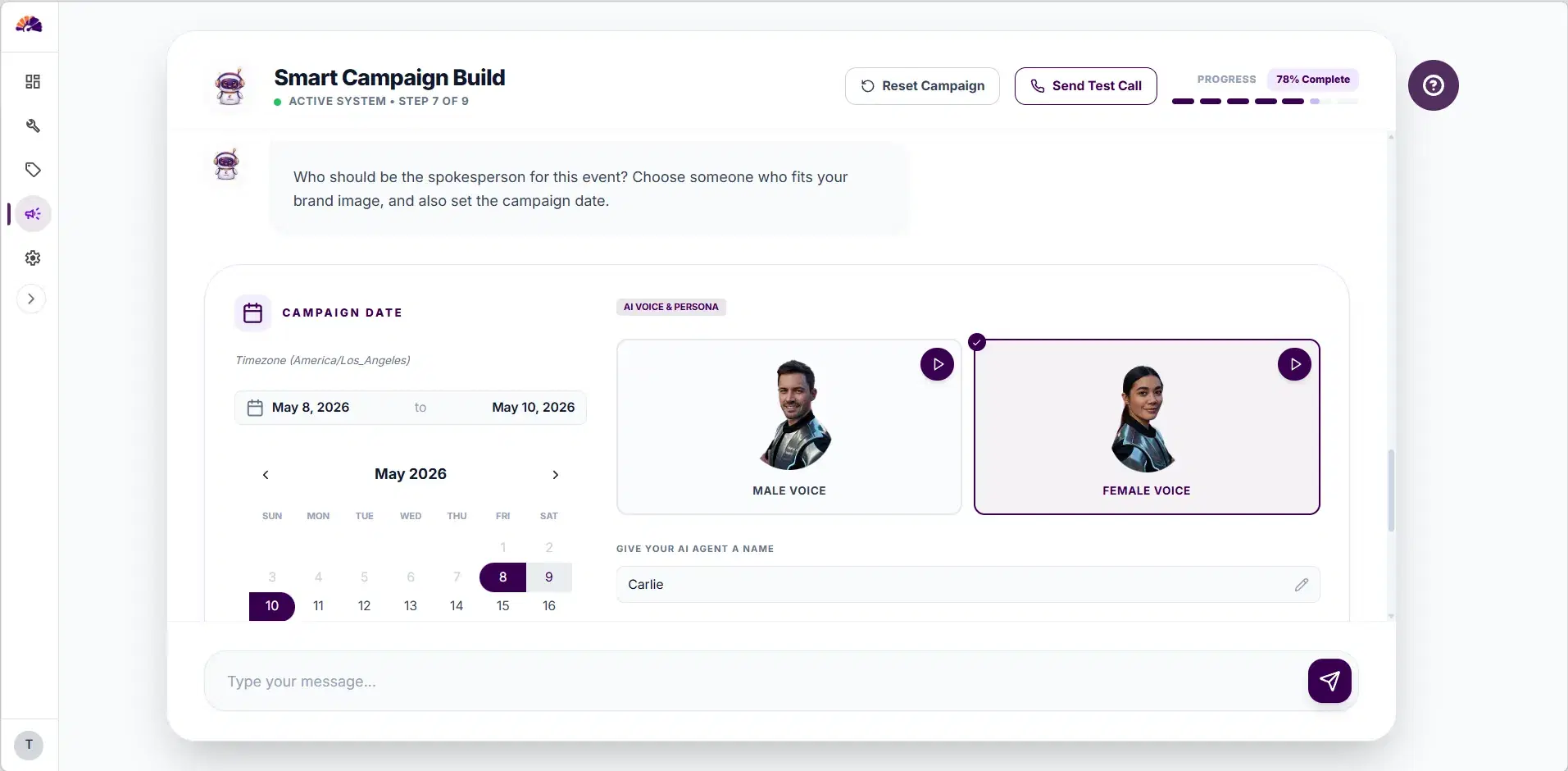 CarBoard date range and AI voice agent persona selection step